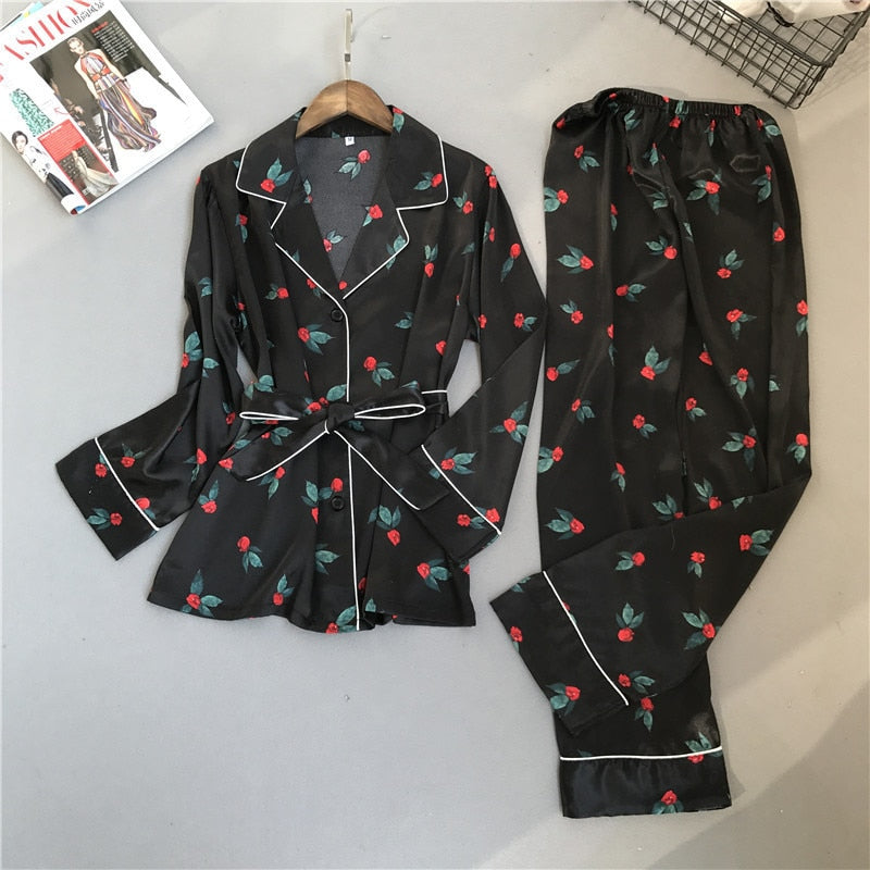 Printing Pattern Women Pajama Set Rayon Sleepwear Long Sleeve Trouser