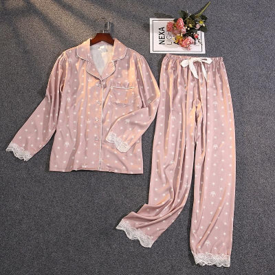 Women's Spring Summer Two-Piece Suit Pajamas Ice Silk Satin Thin