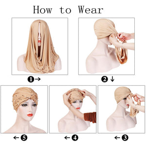 Muslim Fashion Women Elastic Velvet Pearls Turban Caps