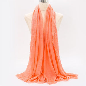 fashion bubble plain cotton scarf fringes women soft solid wrinkle muffler