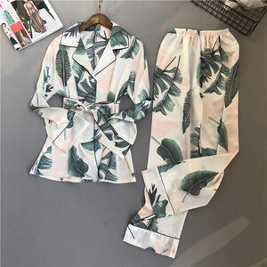 Printing Pattern Women Pajama Set Rayon Sleepwear Long Sleeve Trouser