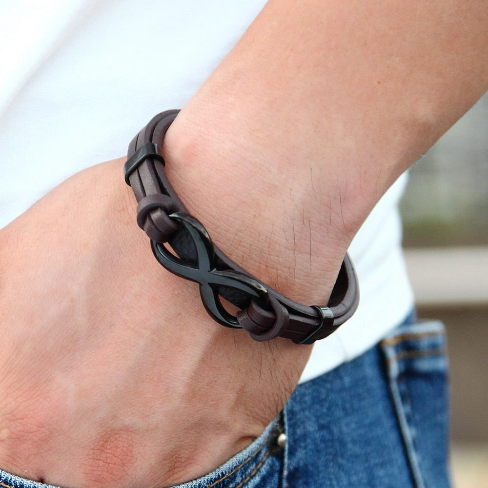 Stainless Steel Leather Bracelet Infinity Men's Bracelet DIY Size Valentine's Day Handsome Gift