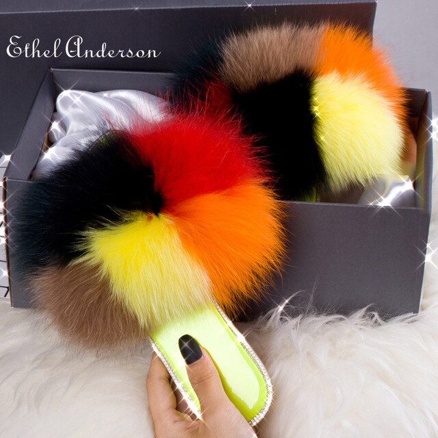 Fox fur slides Real Fur Slippers Fully Slides Flip Flop Casual Summer Sandal
