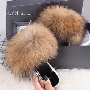 Fox fur slides Real Fur Slippers Fully Slides Flip Flop Casual Summer Sandal