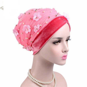 New 3D Flower Beaded Long Mesh Velvet Turban Head Wrap