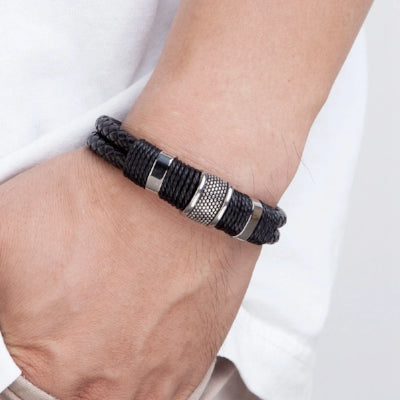 Woven Leather Rope Wrapping Special Style Classic Stainless Steel Men's Leather Bracelet