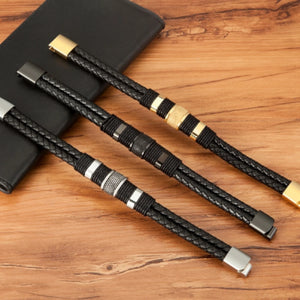Woven Leather Rope Wrapping Special Style Classic Stainless Steel Men's Leather Bracelet