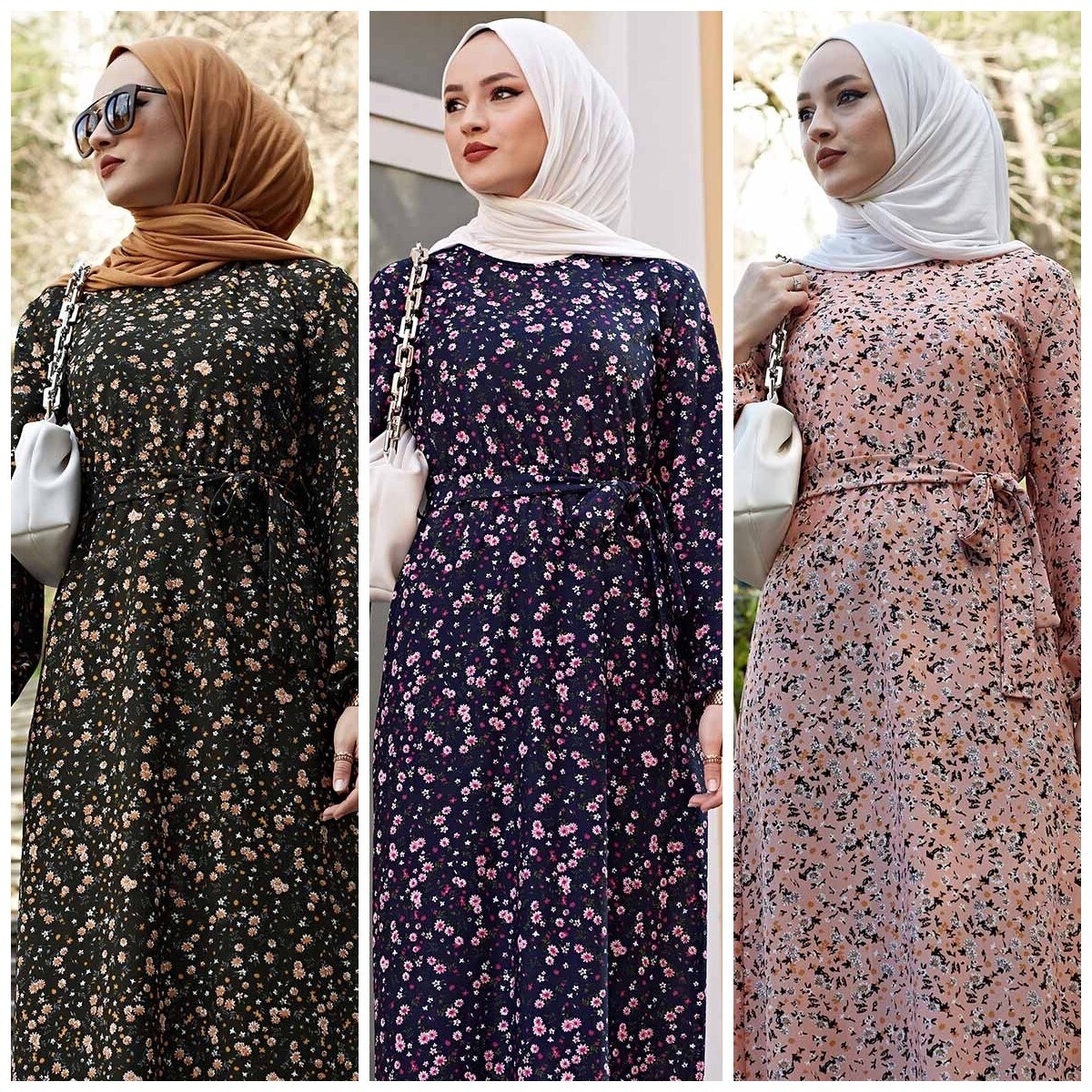 New Casual Woman Muslim Dress Flowers Print Belt Detail Abayas