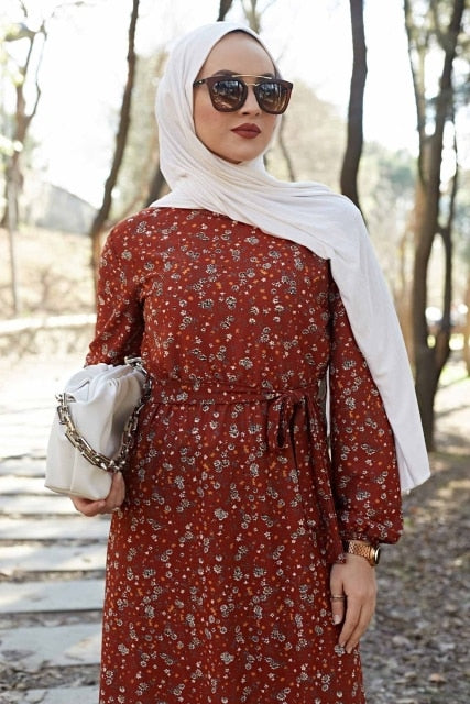 New Casual Woman Muslim Dress Flowers Print Belt Detail Abayas