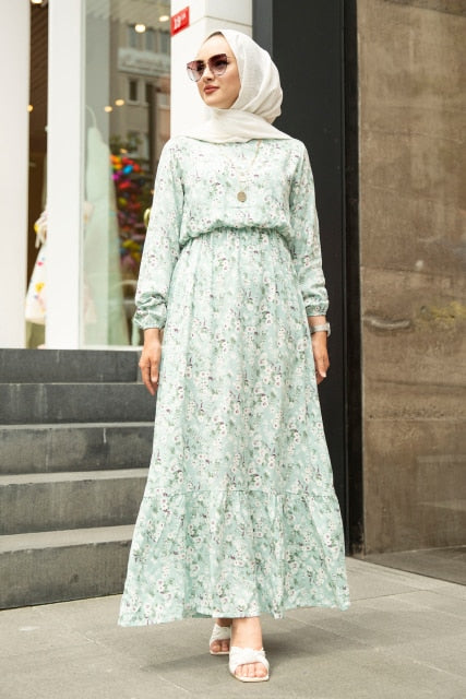 Elastic Waist Floral Pattern Dress Dress Islam Dress Abayas Women