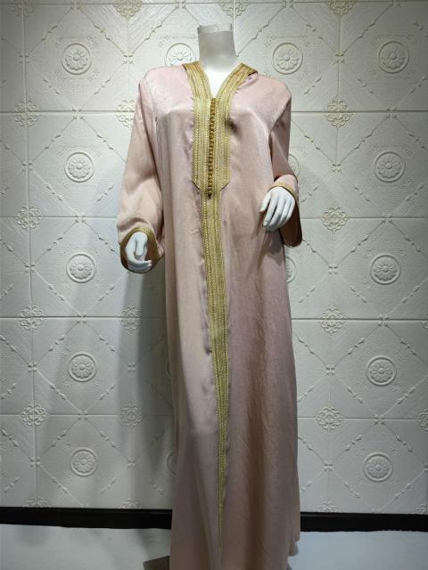Women Loose Maxi Dress Jellabiya Muslim Long Sleeve Braid Trim