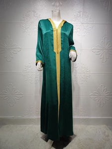 Women Loose Maxi Dress Jellabiya Muslim Long Sleeve Braid Trim