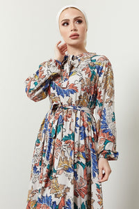 Women's Cream Leaf Pattern Maxi dress