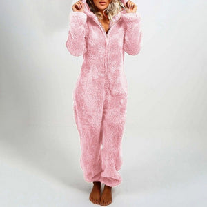 Women Long Sleeve Plush Jumpsuit Winter Warm Romper Nightwear Hooded Pajamas