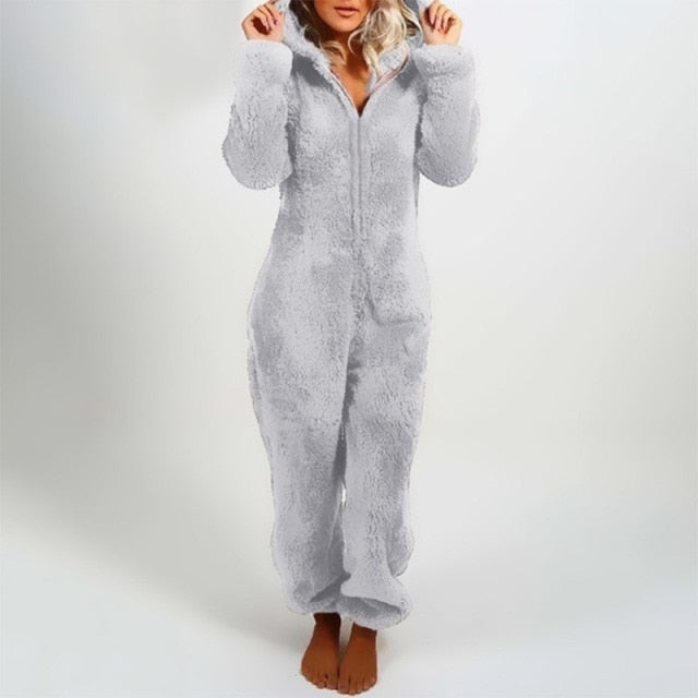 Women Long Sleeve Plush Jumpsuit Winter Warm Romper Nightwear Hooded Pajamas