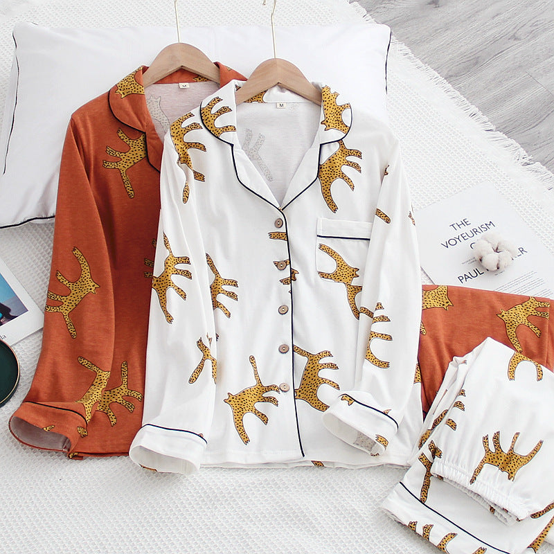 Japanese style ladies 100% cotton suit leopard print long-sleeved trousers pajamas suit