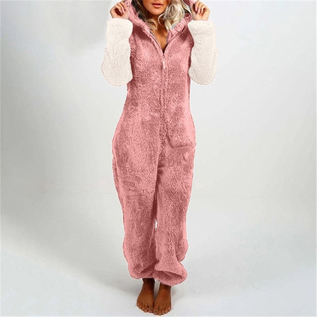 Winter Color block Plush Long Sleeve Hooded Jumpsuit Womens Pajamas