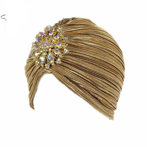 New Fashion Ladies Gold Silver Diamond Jewel Turban Hats For Women Chemo Bandana